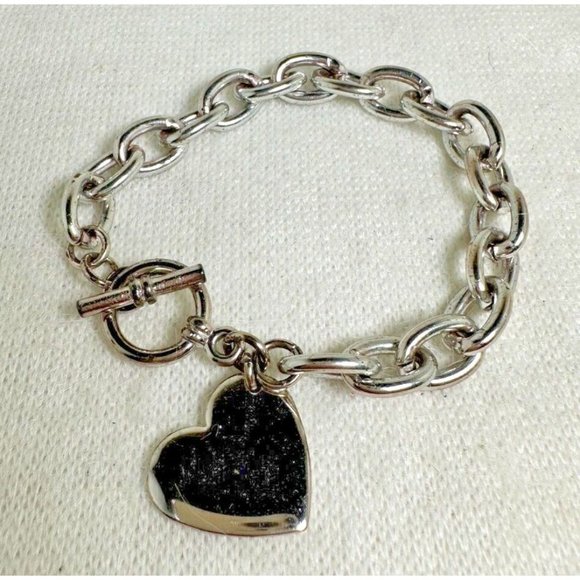 Estate Jewelry - Silver Tone Big Link Bracelet with a Heart Charm and Toggle Closure 7"